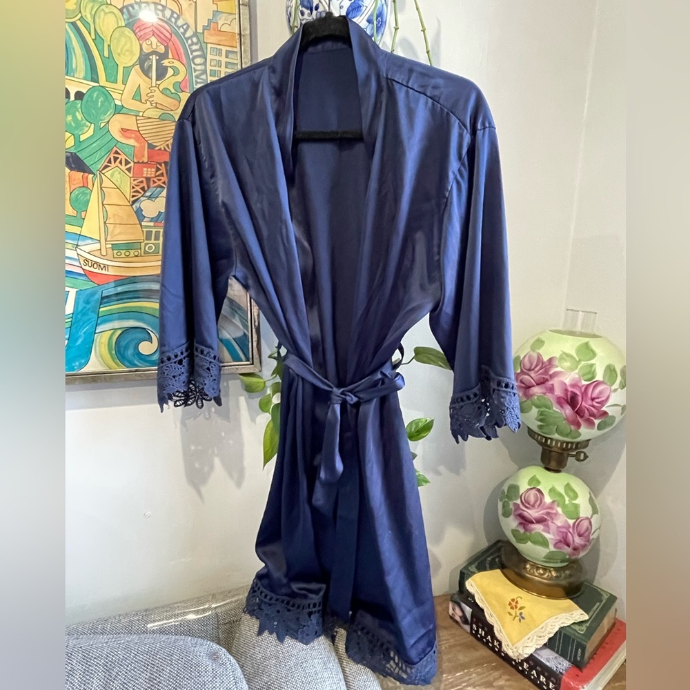 Luxurious Blue Satin Robe with Lace Trim